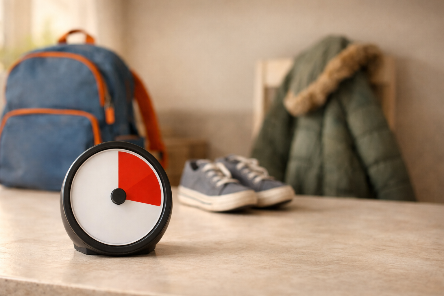 Visual timer for school morning routine with backpack, shoes, and coat prepared for children with autism