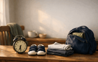 Organized morning routine items including a child’s backpack, folded clothes, shoes, and an alarm clock, representing predictable transitions and daily structure for children with autism.