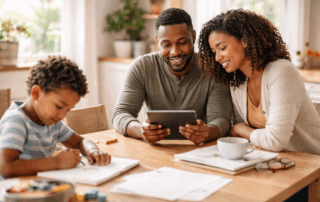 Parents reviewing information on a tablet while their child works calmly at a table, representing supportive family involvement and structured learning routines for children with autism.
