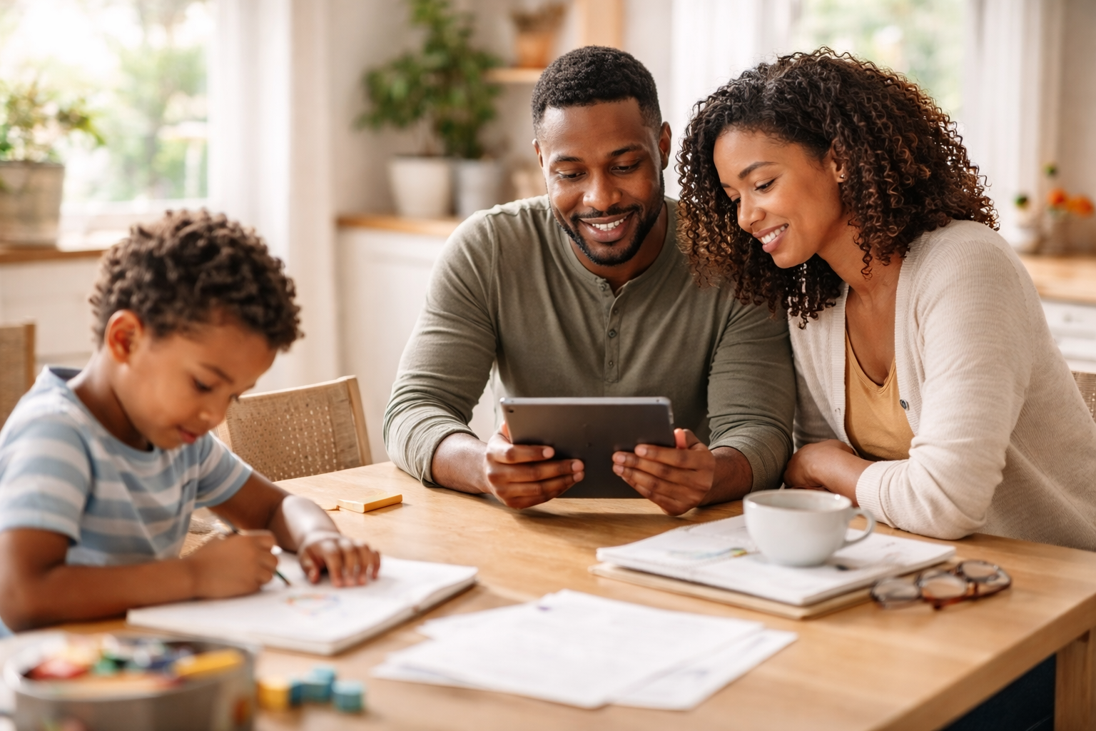 Parents reviewing information on a tablet while their child works calmly at a table, representing supportive family involvement and structured learning routines for children with autism.
