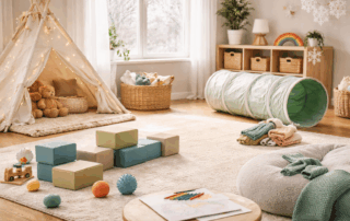 Calm, organized playroom with soft seating, sensory toys, and play structures designed to support structured play and emotional regulation for children with autism.
