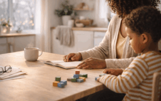 Caregiver sitting with a child at a table during a calm learning moment, using simple activities to support focus, routine, and engagement in a home environment.
