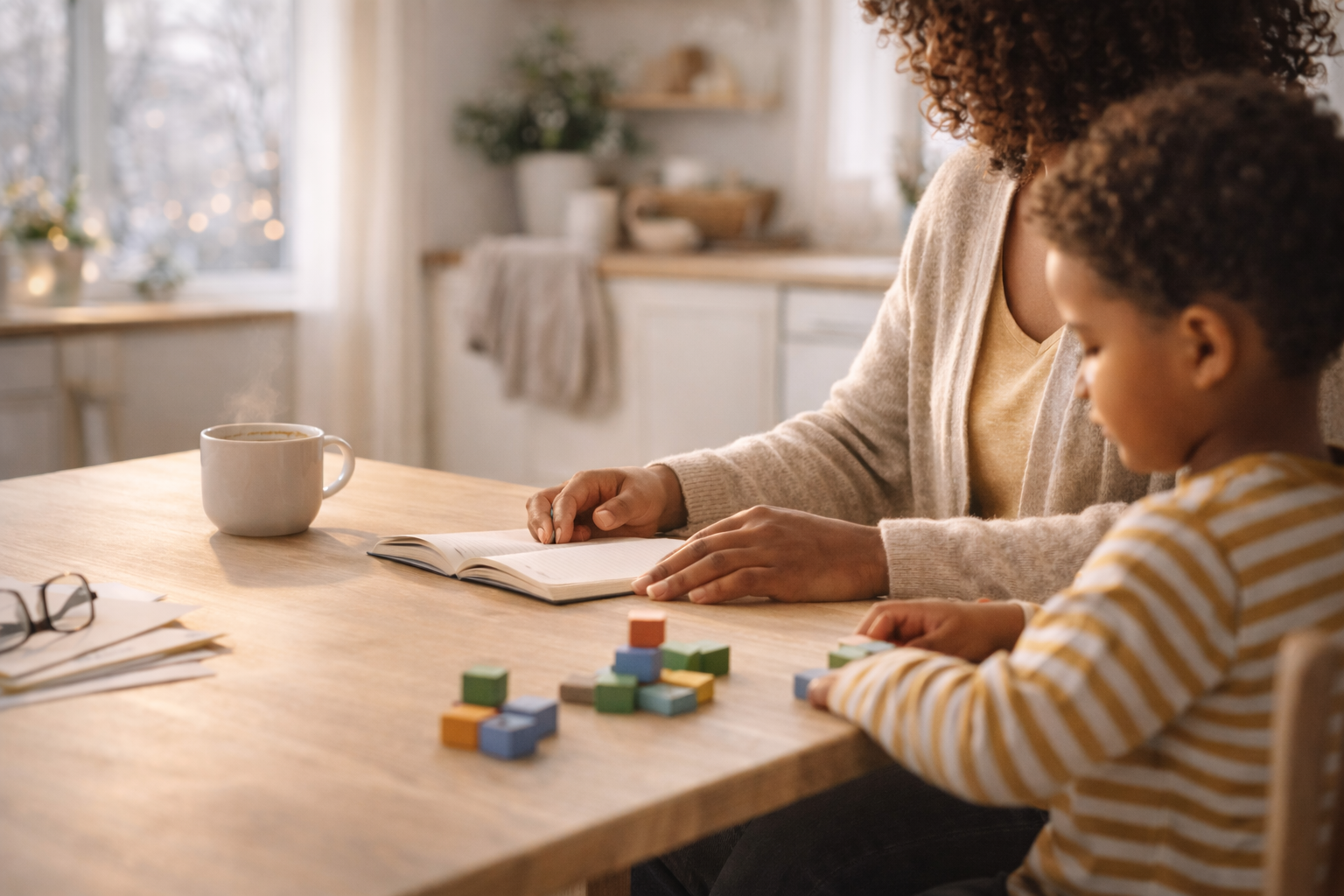Caregiver sitting with a child at a table during a calm learning moment, using simple activities to support focus, routine, and engagement in a home environment.