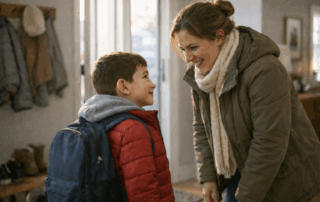 Mother and child with backpack sharing a joyful moment before school in Maryland home entryway