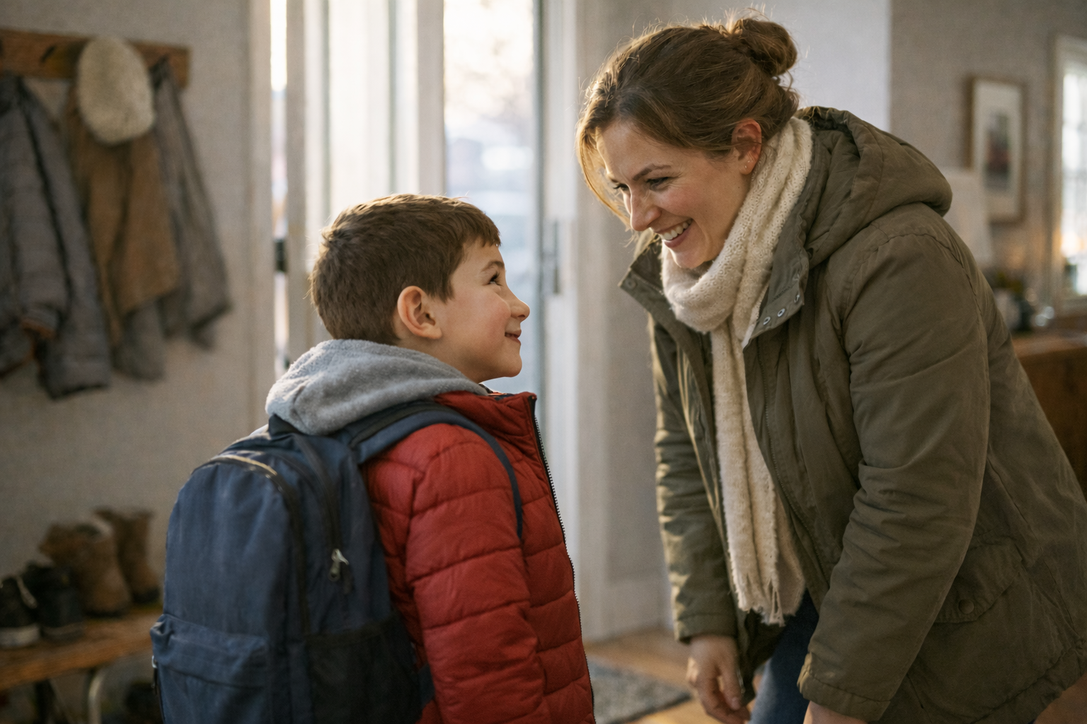 Mother and child with backpack sharing a joyful moment before school in Maryland home entryway