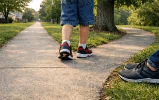 A child’s sneakered feet and a parent’s shoes pause at a forked sidewalk in a quiet suburban neighborhood, showing two paths and a moment of choice.
