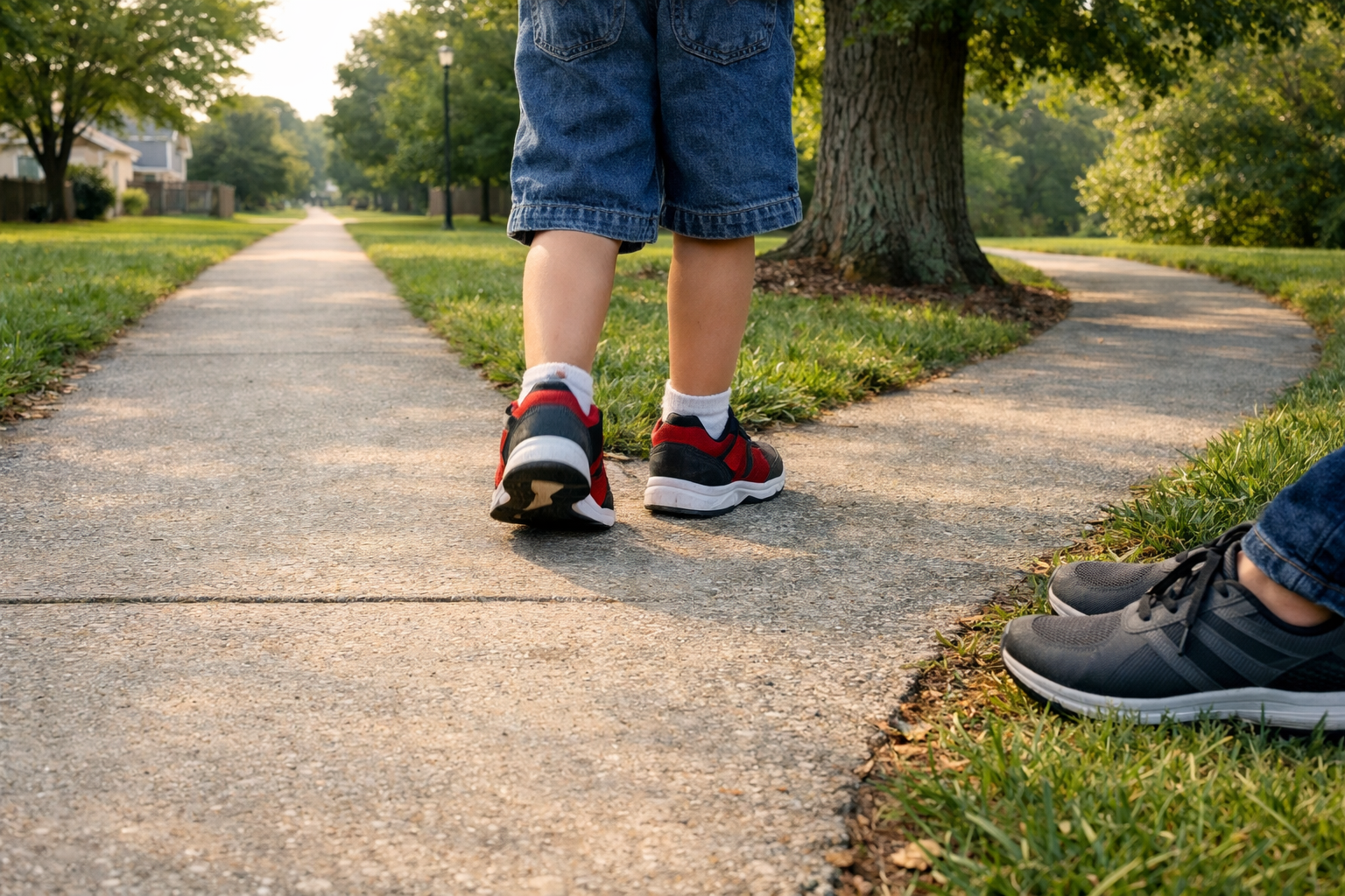 A child’s sneakered feet and a parent’s shoes pause at a forked sidewalk in a quiet suburban neighborhood, showing two paths and a moment of choice.