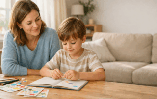 Parent supporting a young child’s independent learning moment at home, celebrating quiet progress and connection in a warm, natural environment.