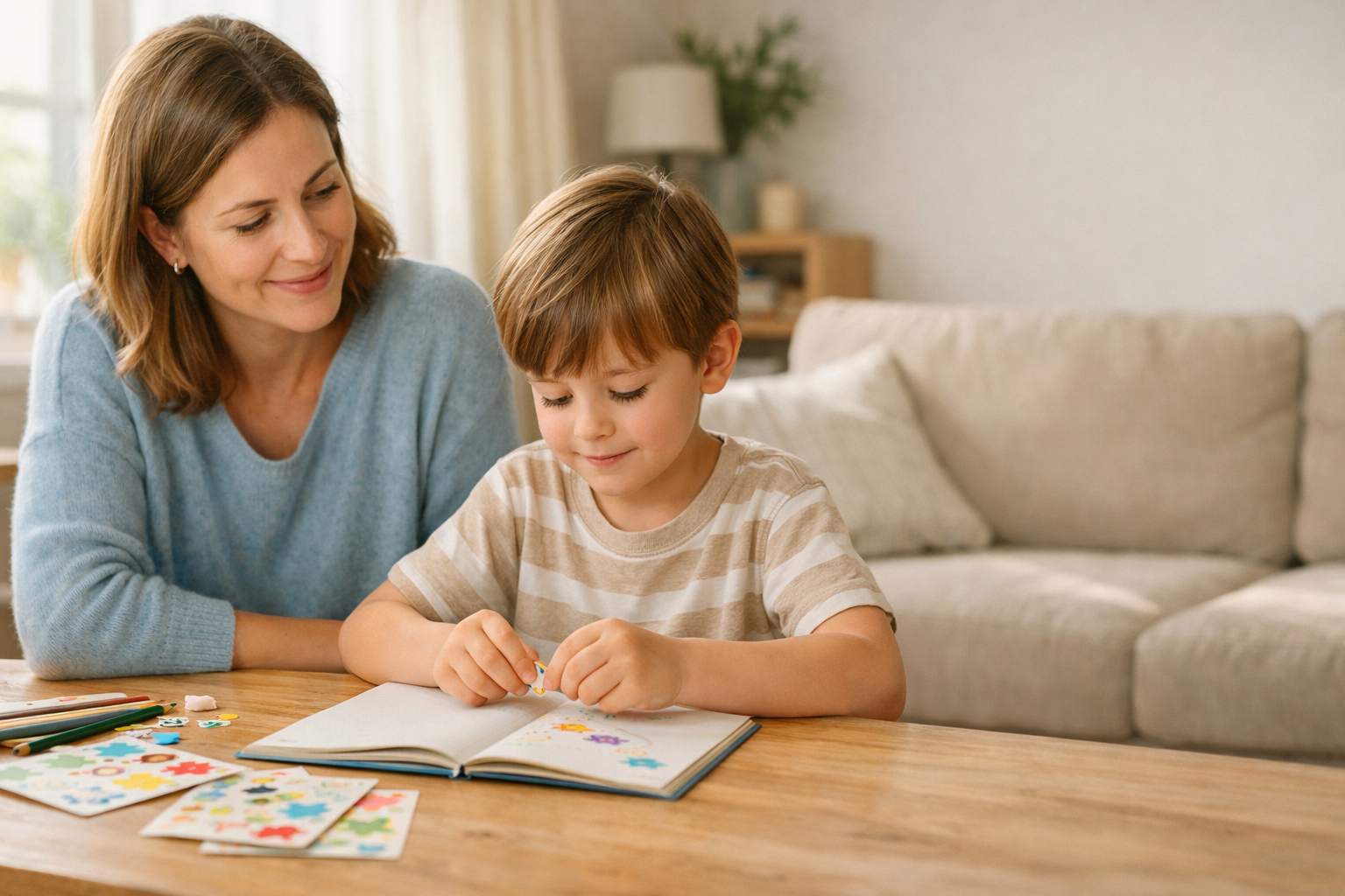 Parent supporting a young child’s independent learning moment at home, celebrating quiet progress and connection in a warm, natural environment.