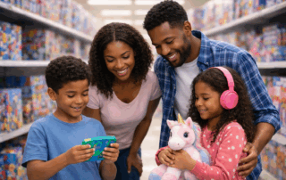 Family shopping together in a toy store aisle, parents smiling as their children explore toys, representing inclusive family experiences.
