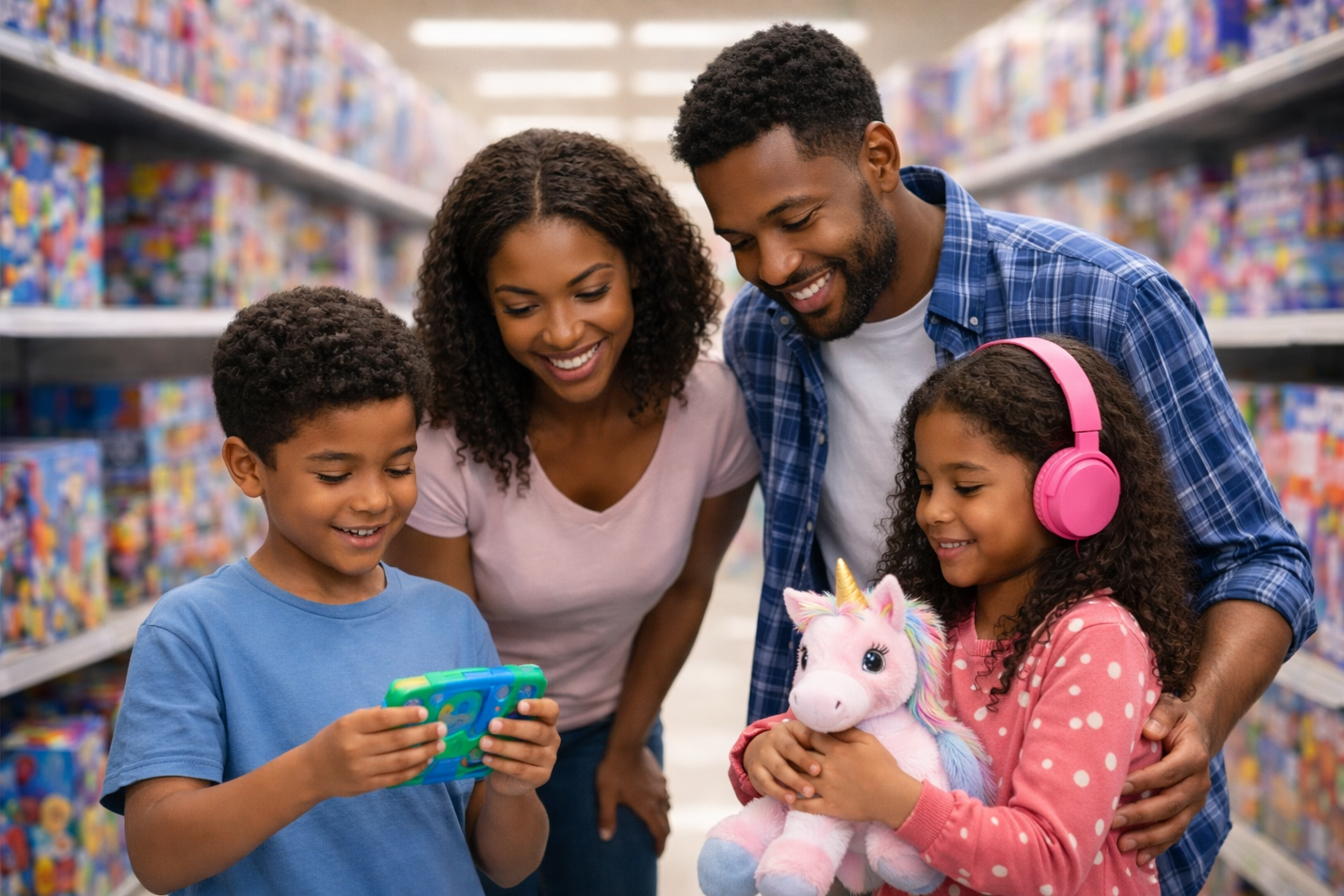 Family shopping together in a toy store aisle, parents smiling as their children explore toys, representing inclusive family experiences.