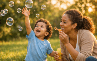 Young child joyfully reaching to pop soap bubbles while a smiling therapist blows bubbles nearby in a sunlit outdoor setting, capturing a playful, supportive moment of connection and engagement.