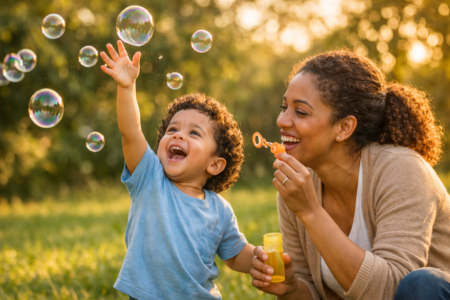 Young child joyfully reaching to pop soap bubbles while a smiling therapist blows bubbles nearby in a sunlit outdoor setting, capturing a playful, supportive moment of connection and engagement.
