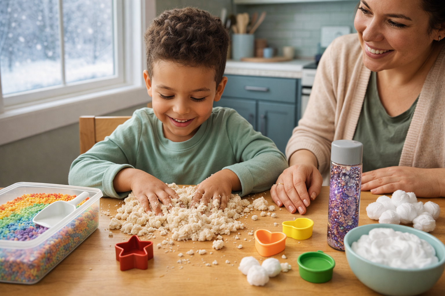 Young child enjoying sensory play with cloud dough at a kitchen table while a parent offers supportive presence, using simple household materials often recommended in ABA therapy and autism family resources.