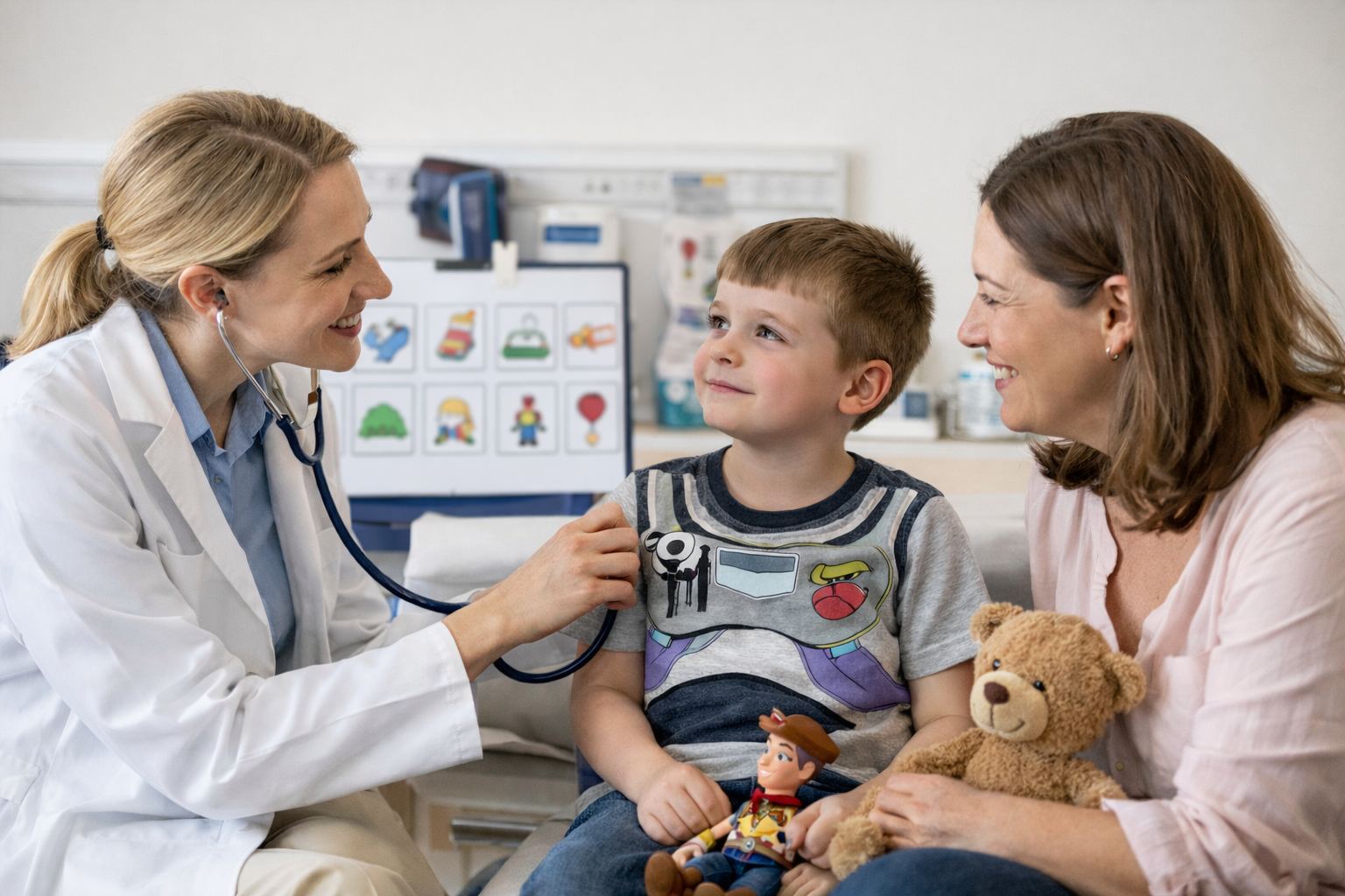 Young child calmly attending a pediatric medical appointment with parent support as a doctor listens to their heartbeat, demonstrating positive preparation and confidence-building strategies supported by The Learning Tree ABA in Maryland.