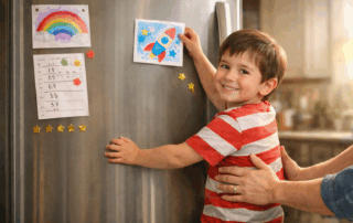 A child proudly places artwork on a refrigerator displaying a few meaningful achievements, including drawings and progress stickers, while a parent’s hands offer supportive guidance in a warm, softly lit kitchen, celebrating individual growth and confidence.