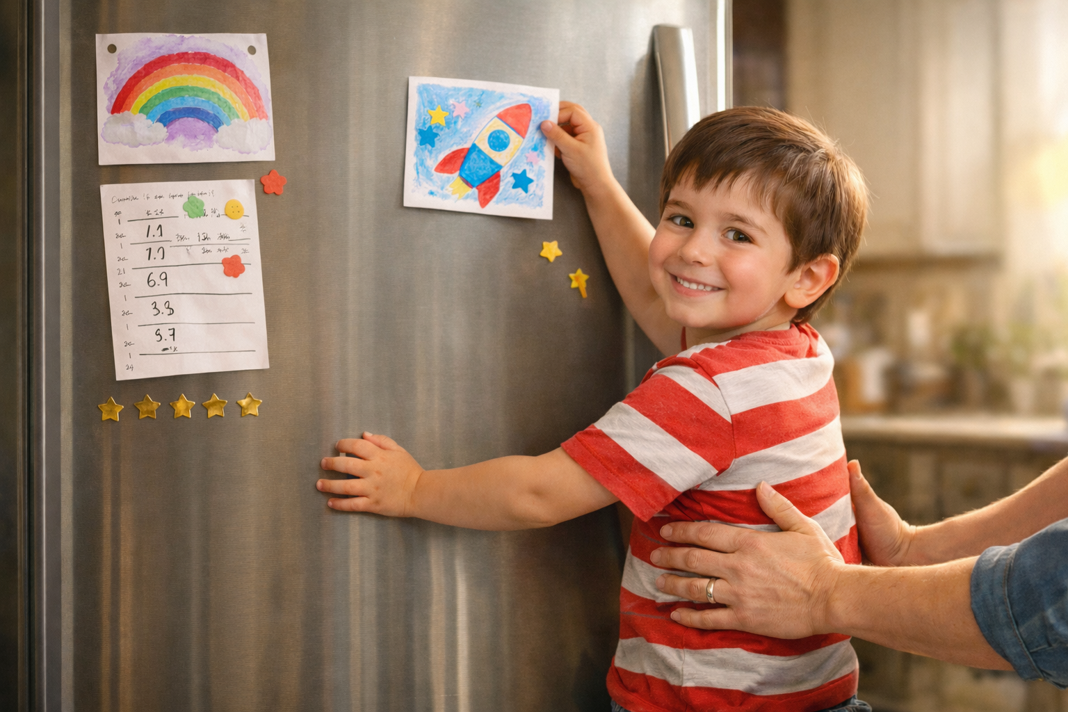 A child proudly places artwork on a refrigerator displaying a few meaningful achievements, including drawings and progress stickers, while a parent’s hands offer supportive guidance in a warm, softly lit kitchen, celebrating individual growth and confidence.