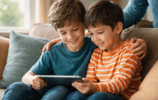Two siblings share a calm, happy moment reading together on a couch, supported by a parent’s gentle touch, representing positive sibling relationships and family support for children with developmental differences.