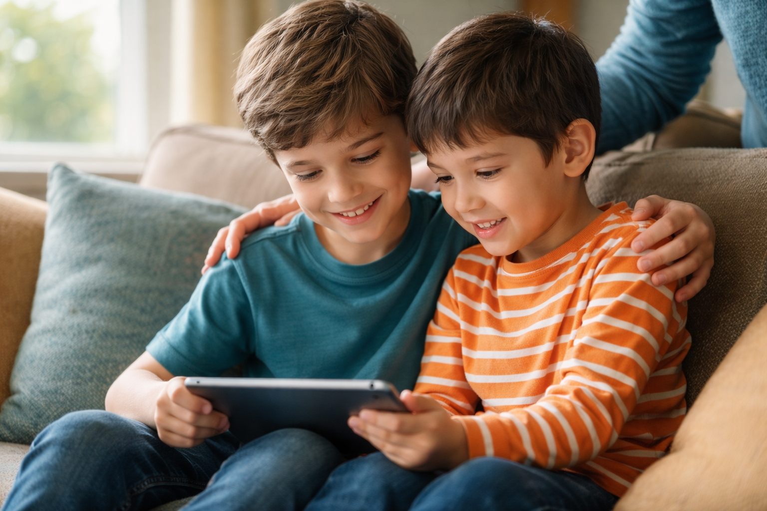 Two siblings share a calm, happy moment reading together on a couch, supported by a parent’s gentle touch, representing positive sibling relationships and family support for children with developmental differences.