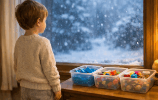 A calm young child standing by a window watching snowfall while holding a visual schedule card, warm indoor lighting highlighting a prepared home environment that supports emotional regulation and flexible routines.