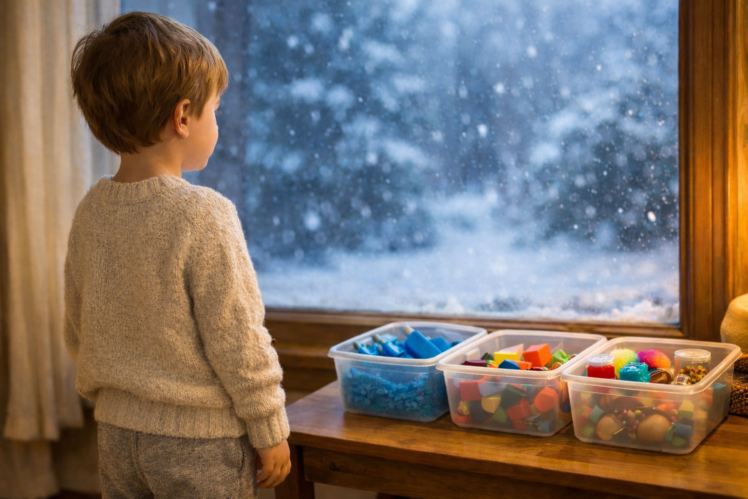 A calm young child standing by a window watching snowfall while holding a visual schedule card, warm indoor lighting highlighting a prepared home environment that supports emotional regulation and flexible routines.