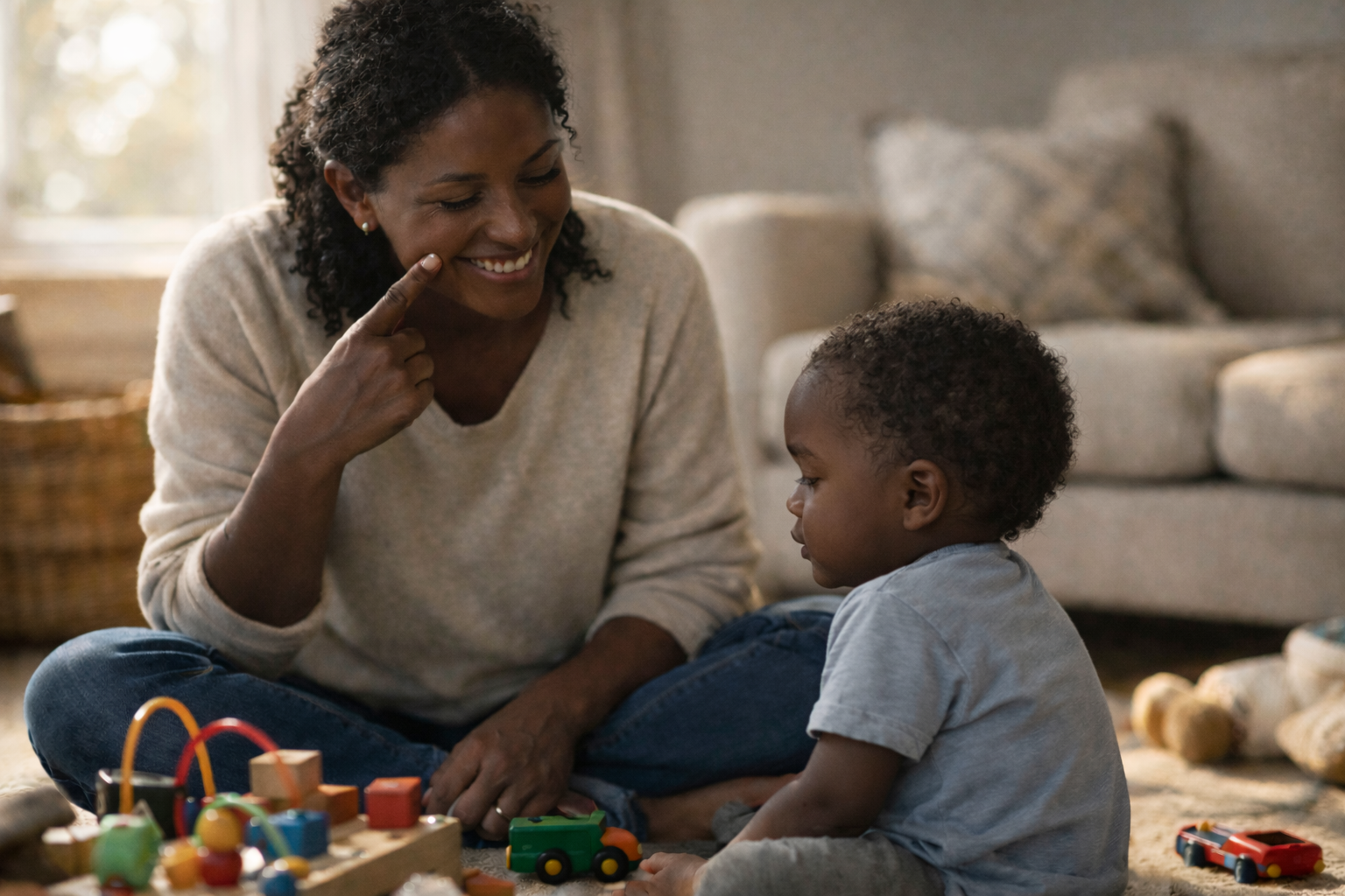 African American mother sitting on the living room floor during playtime, smiling and pointing to her cheek while her young child calmly plays with toys nearby, capturing a warm teaching moment about emotions in a cozy home environment.