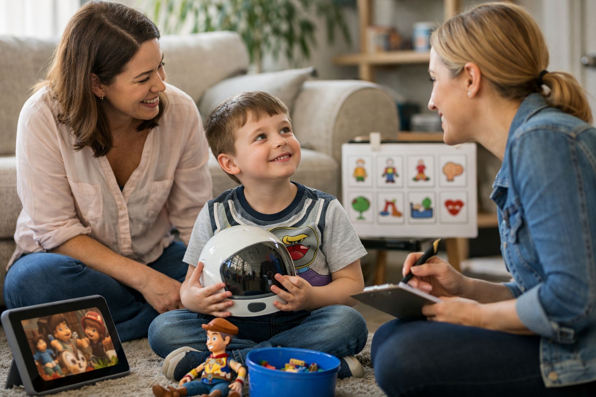 Warm, photorealistic scene of a Maryland parent and ABA therapist supporting a young child’s communication development at home using play-based, natural environment teaching (NET) strategies.