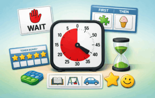 Visual supports for teaching waiting skills, including a visual timer, wait card, first-then board, token board, sand timer, and picture schedule, arranged in a calm, organized ABA therapy illustration.