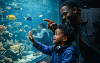 African American parent and young child calmly exploring a large aquarium at the National Aquarium in Baltimore, the child wearing noise-canceling headphones while touching the glass and looking at colorful fish, supported by a smiling parent in a peaceful, sensory-friendly environment.