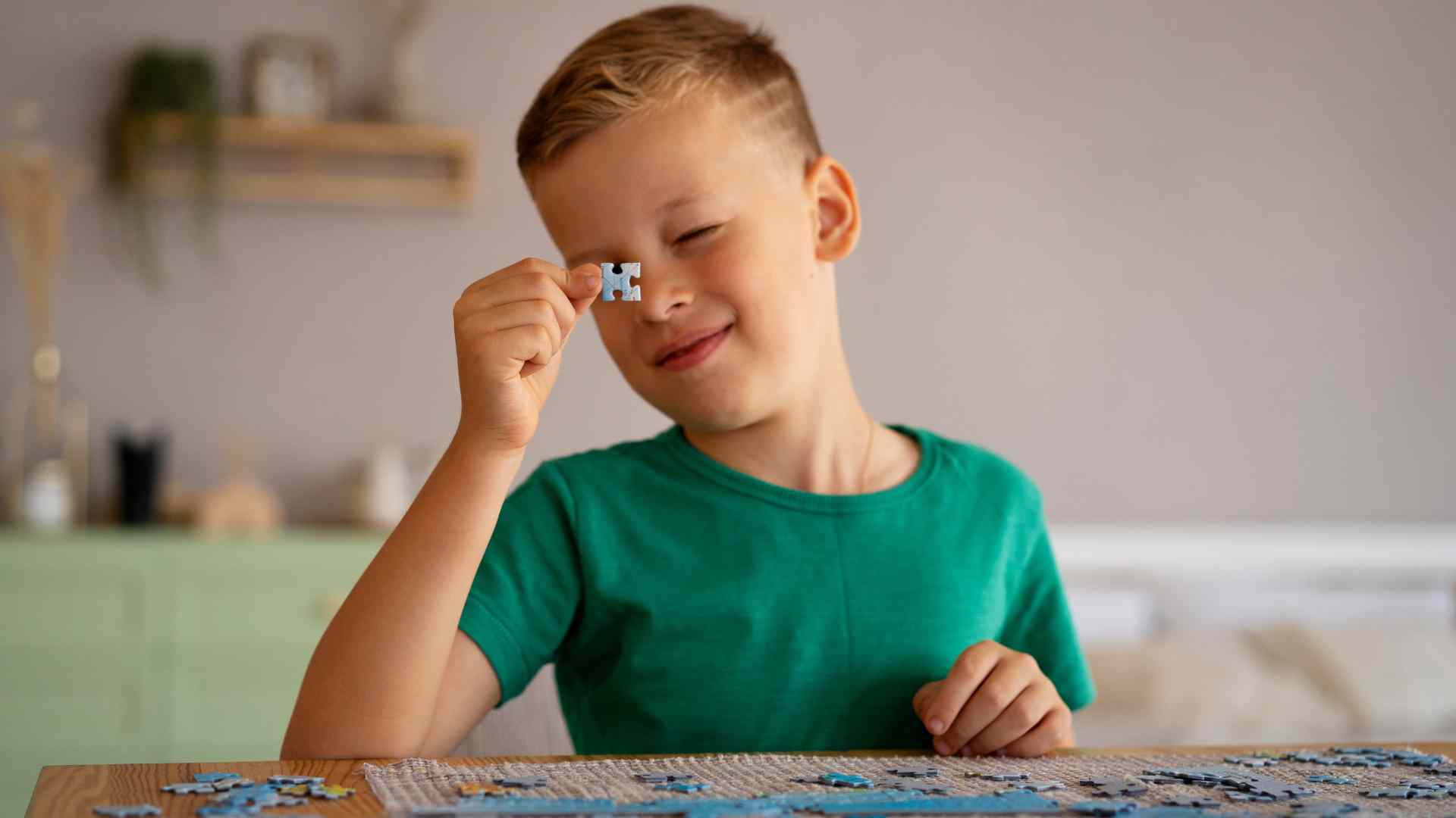 Child with autism quietly focusing on a puzzle at home, representing autism masking behaviors that differ between school and home environments