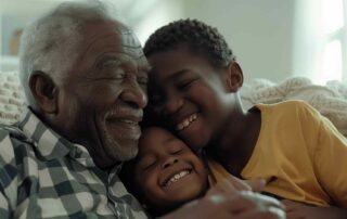 A grandfather laughing and hugging his two grandchildren on a couch, representing the importance of grandparent support for children with autism in Maryland