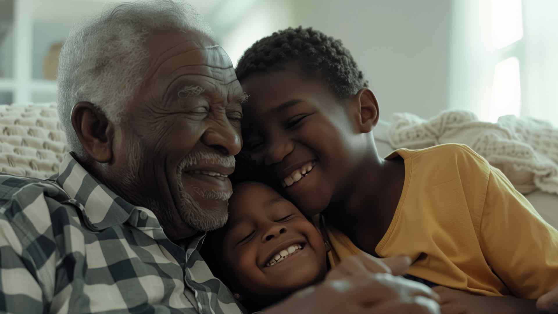 A grandfather laughing and hugging his two grandchildren on a couch, representing the importance of grandparent support for children with autism in Maryland