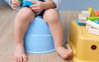 Young toddler sitting on a blue potty chair holding colorful building blocks, practicing potty training skills at home in a calm, supportive environment