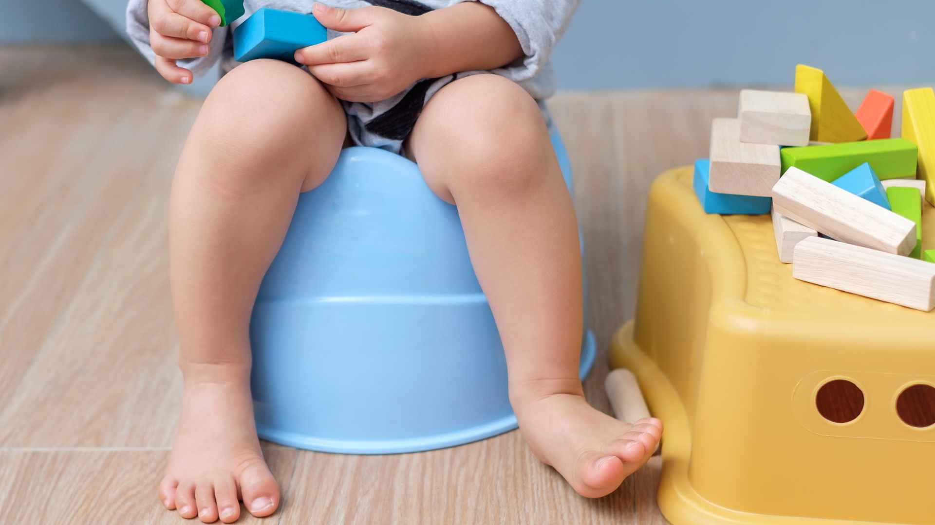 Young toddler sitting on a blue potty chair holding colorful building blocks, practicing potty training skills at home in a calm, supportive environment
