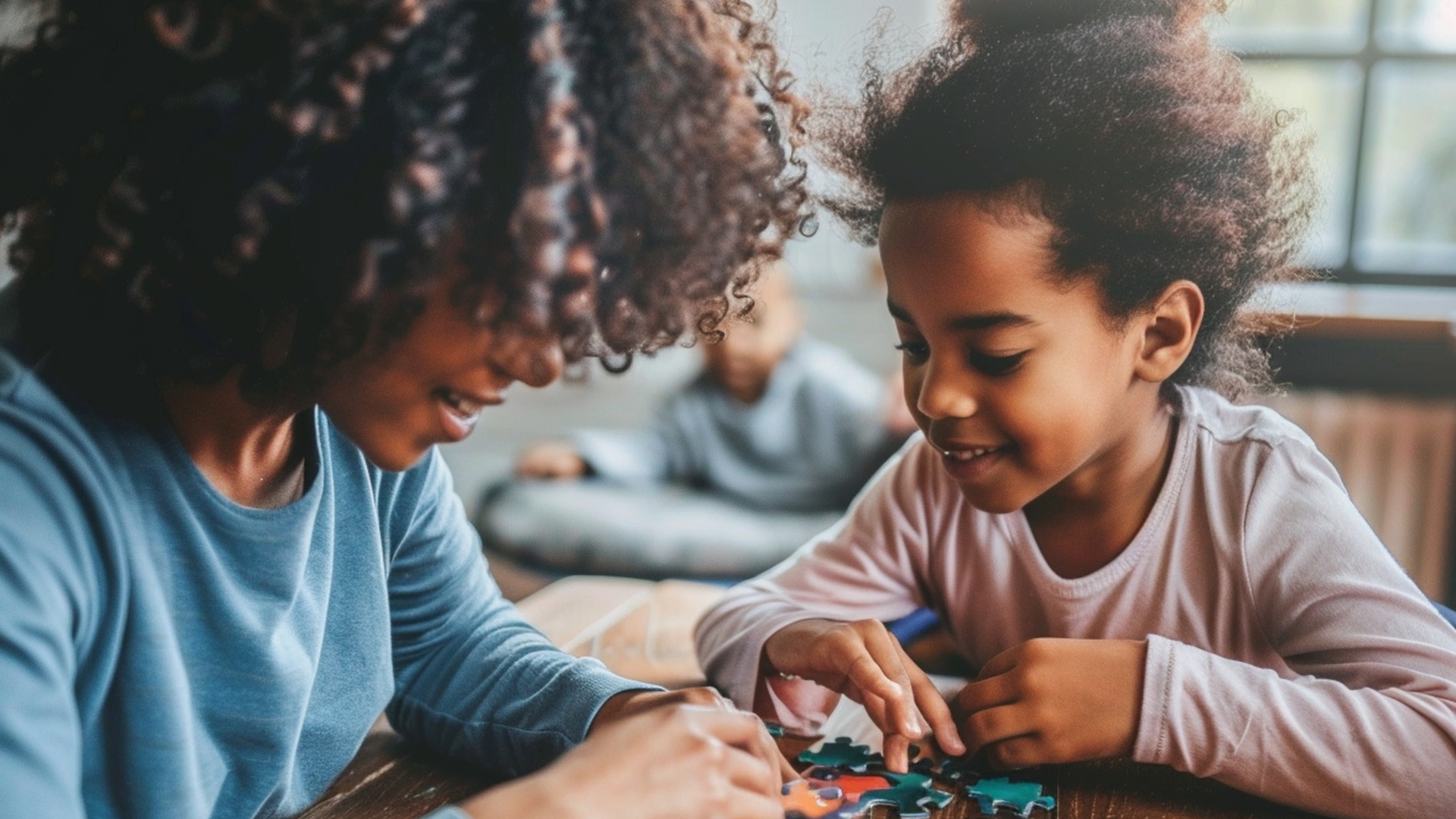 Child engaging in play-based ABA therapy activity with caregiver to build problem-solving and social skills in Maryland