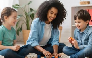 ABA therapy techniques in action with therapist guiding children through social play activities at The Learning Tree ABA in Maryland