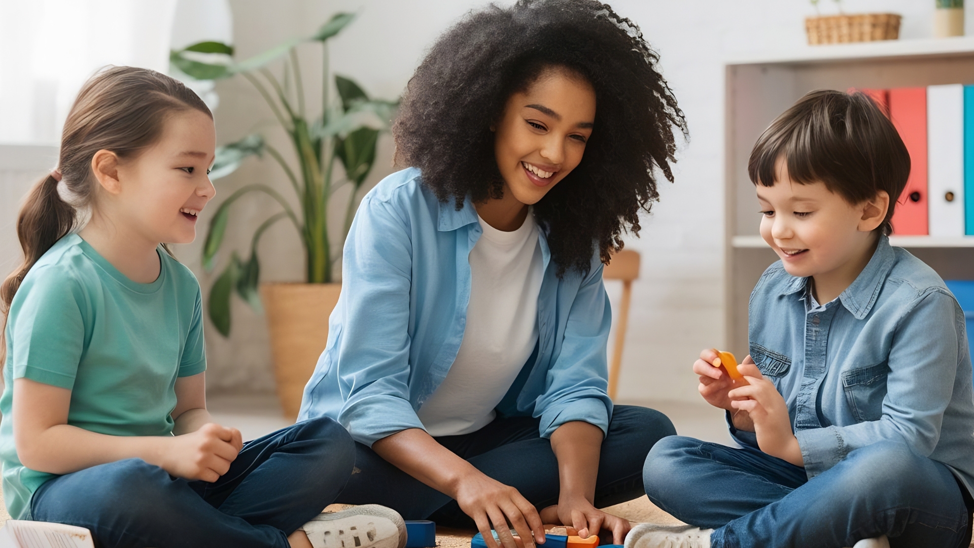 ABA therapy techniques in action with therapist guiding children through social play activities at The Learning Tree ABA in Maryland