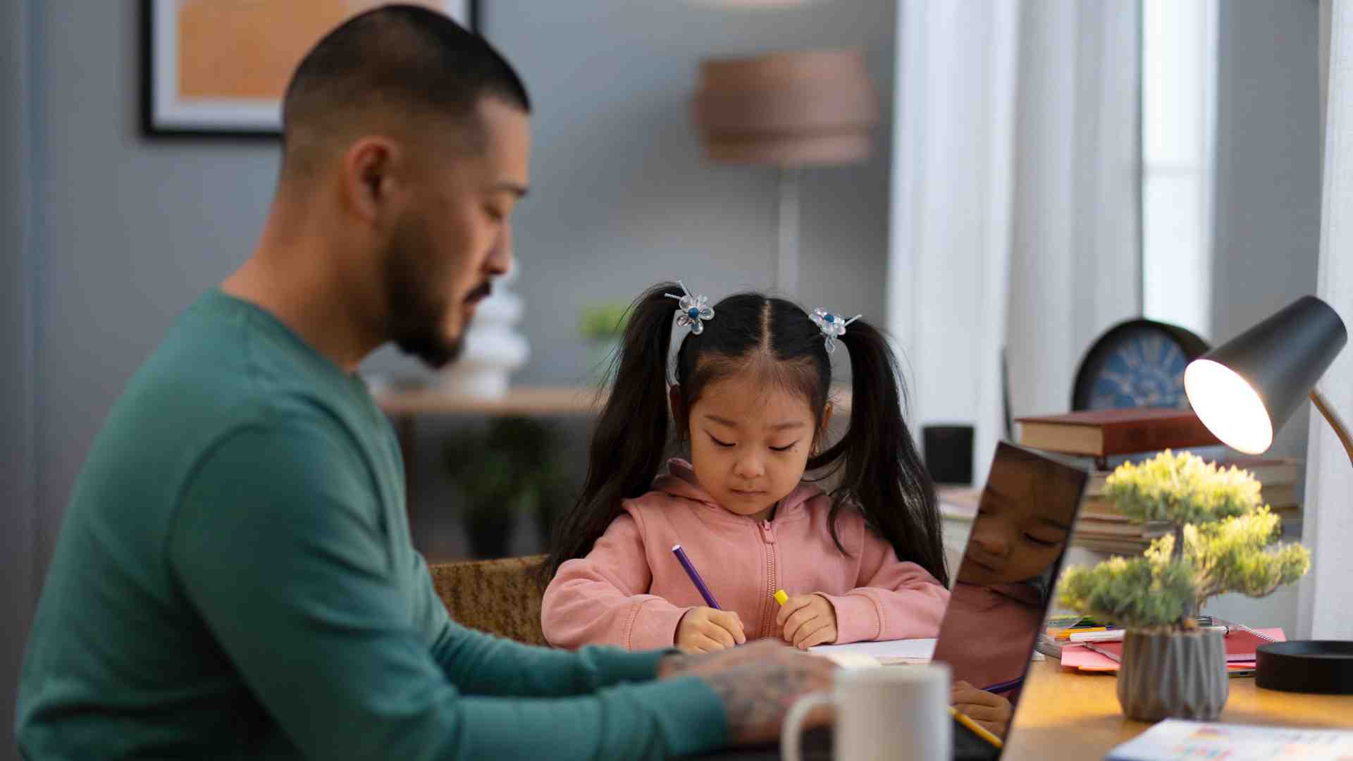 Parent helping child complete structured learning activity at home as part of an autism care plan using ABA therapy techniques