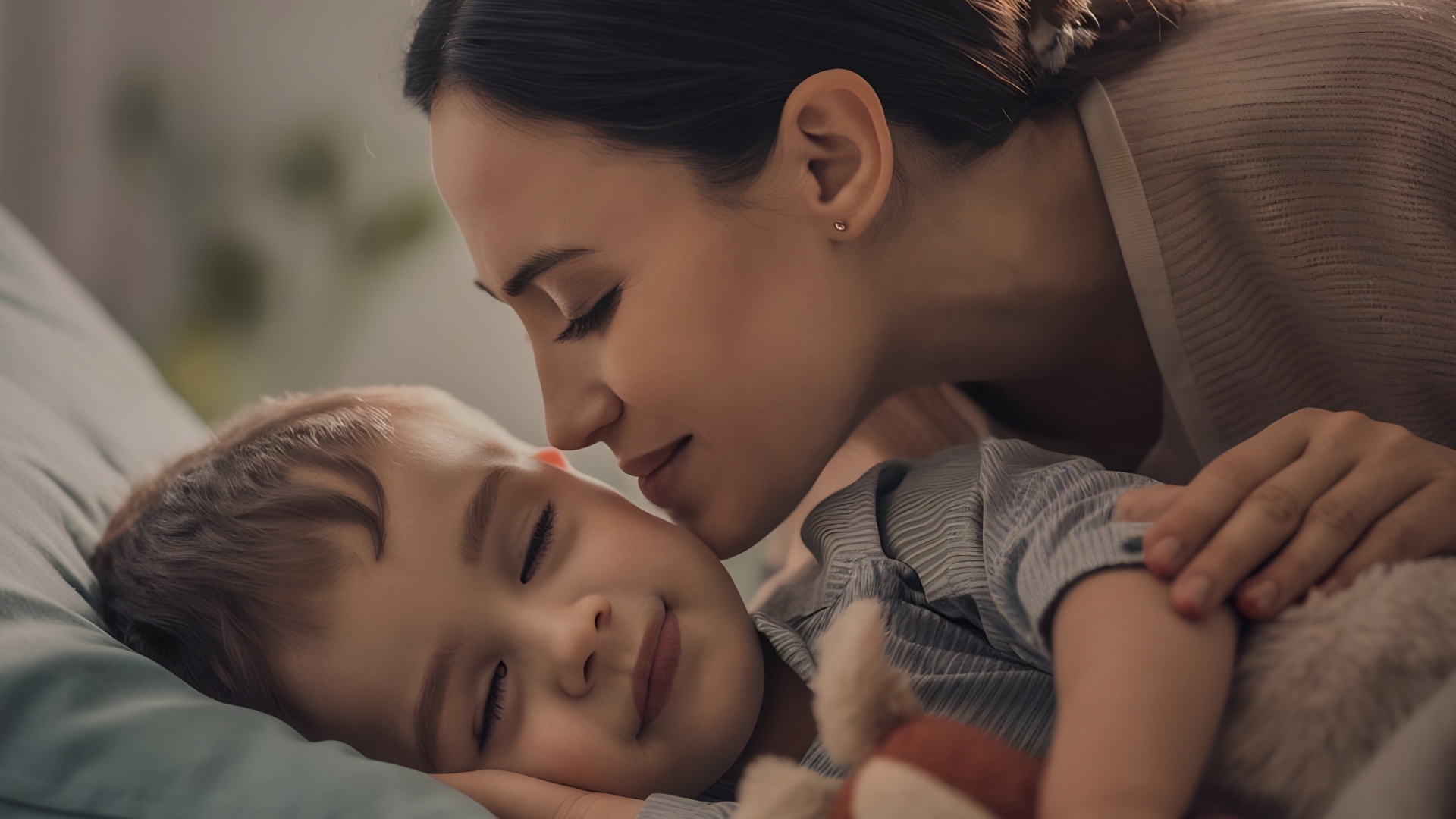 Mother comforting sleeping child with autism at home, representing caregiver support and respite care in Maryland – The Learning Tree ABA